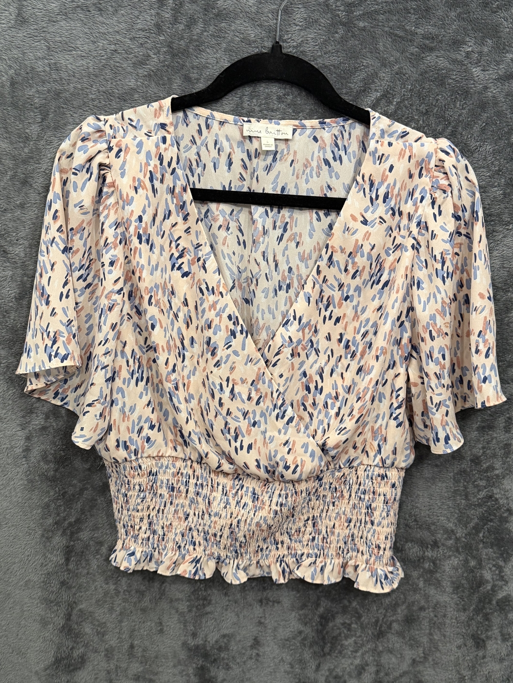 nine britton Cream Blouse with Blue & Peach Abstract Print
